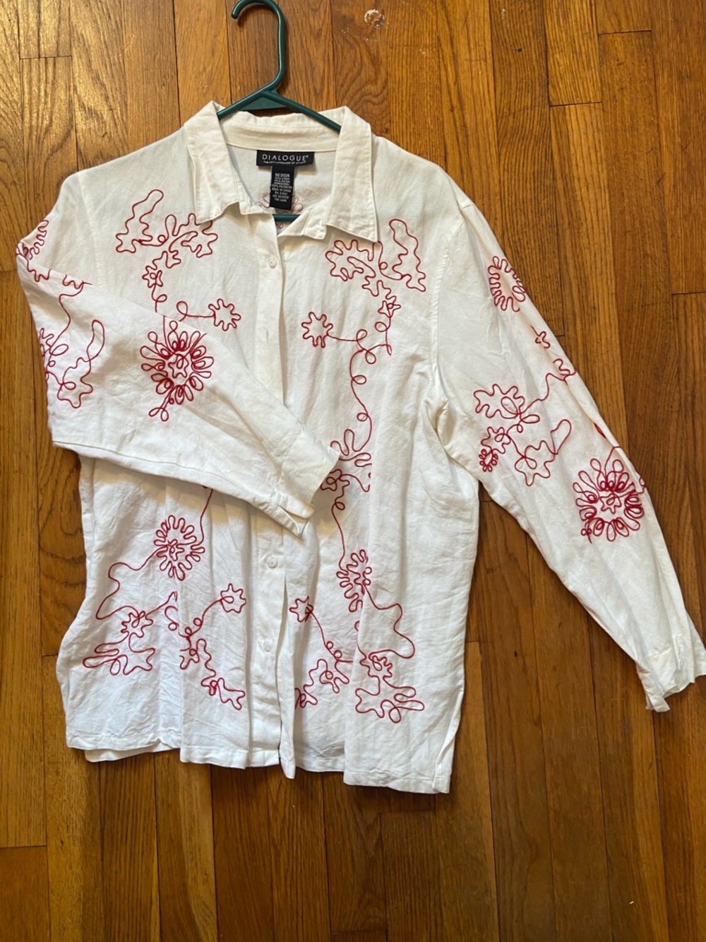 Dialogue White Linen Blend Button-Up Shirt with Red Embroidered Floral Lines